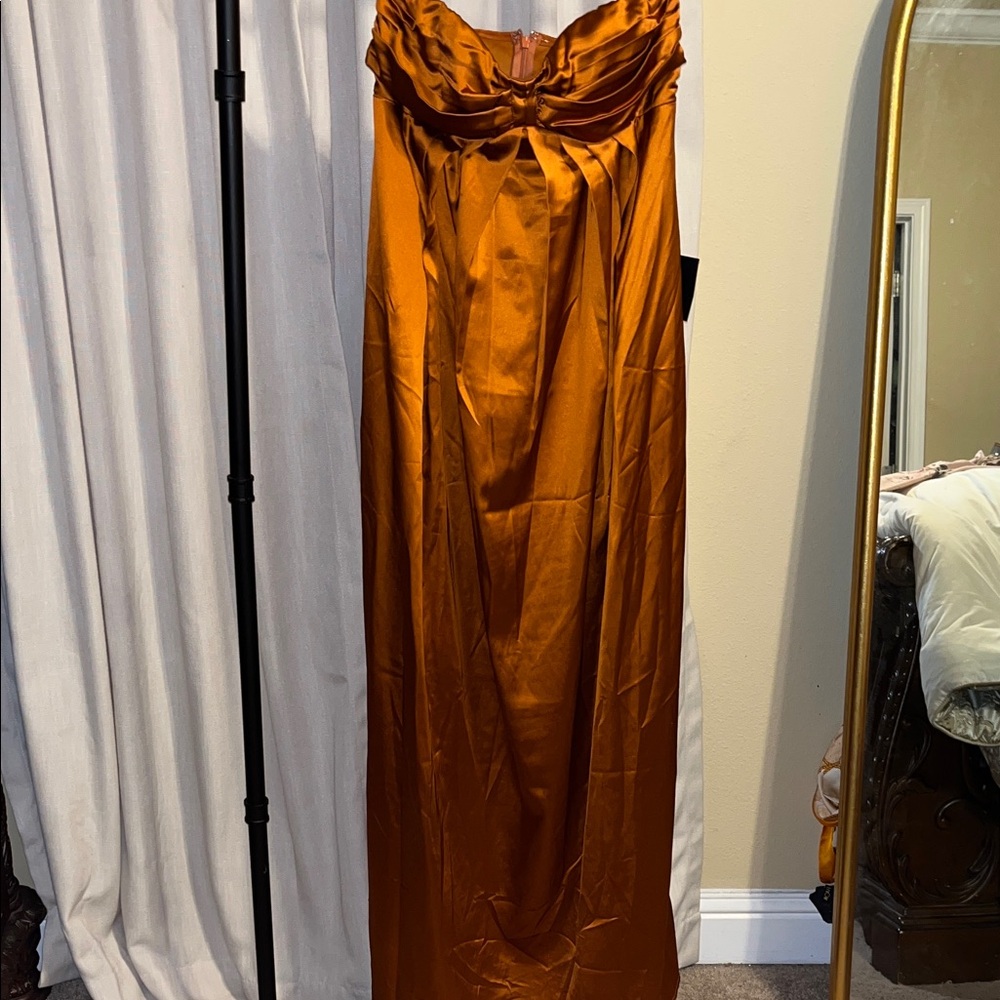 Lulu's Strapless Burnt Orange Satin Dress
